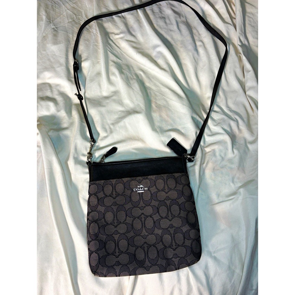Coach Black Gray Signature Logo Crossbody Bag Zip Closure Adjustable Strap Women